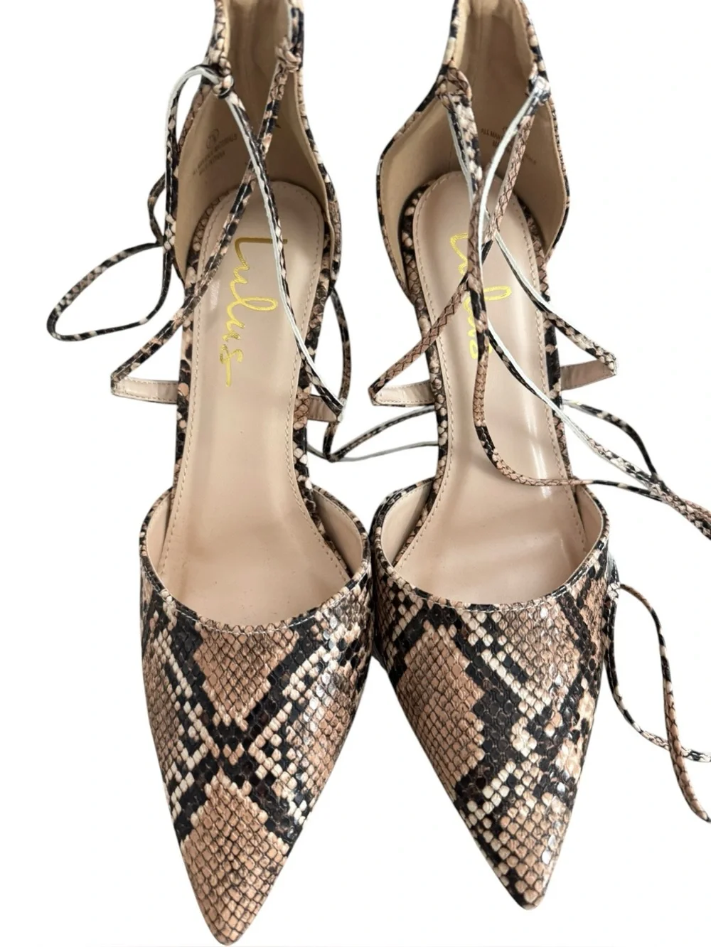 Lulus Marie Tan Snake Print Lace-Up Heels size 7.5